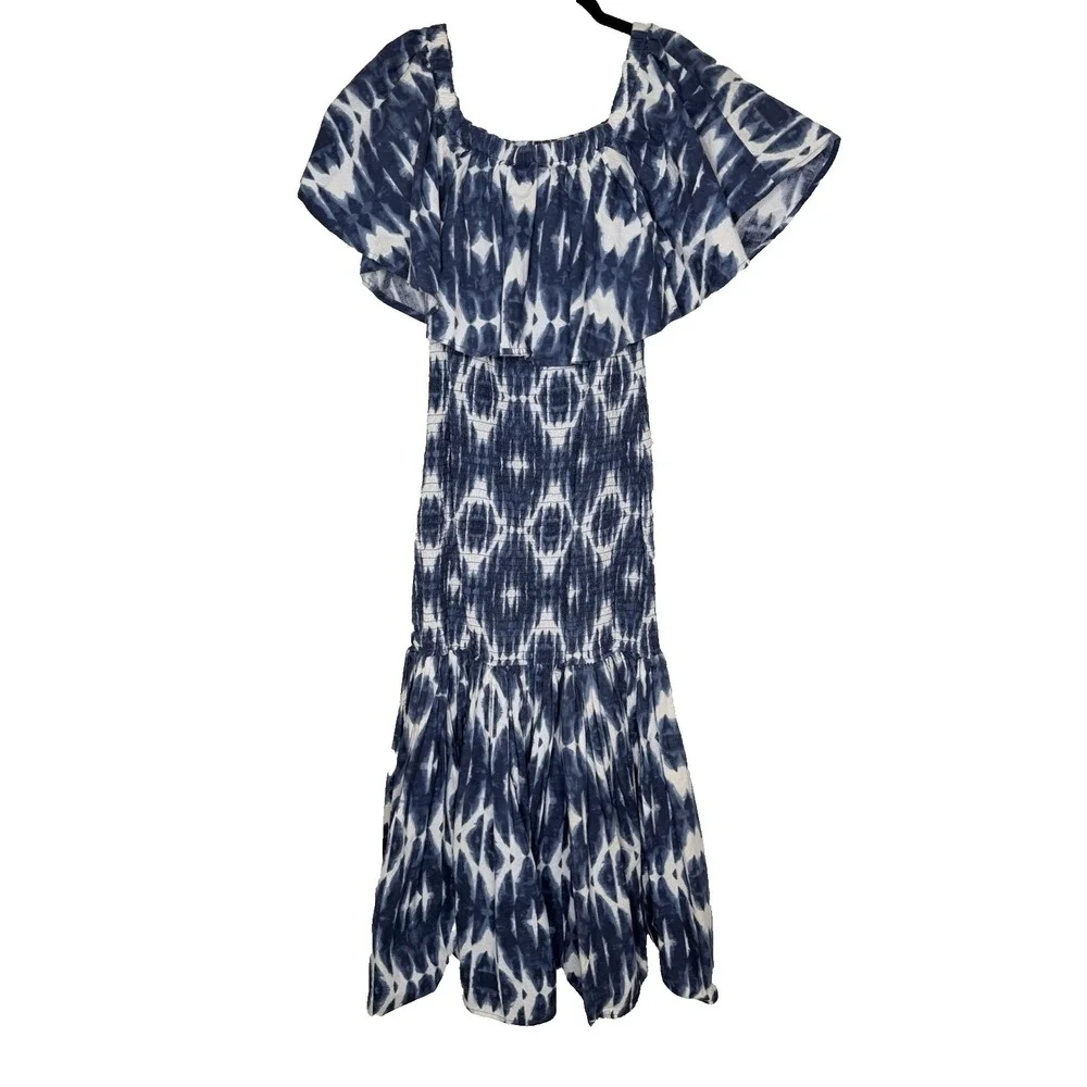Ashro Maxi Dress Womens Size L Blue Cotton Smocked Tiered Spring‎ Summer